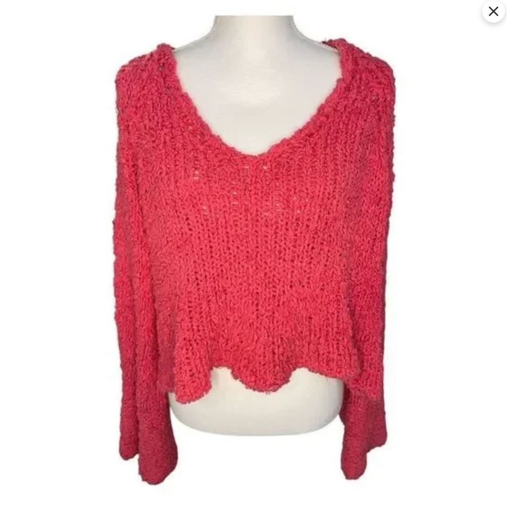 Free People Size Small Pink Sand Dune Bell Sleeve Cotton Blend V-neck Sweater